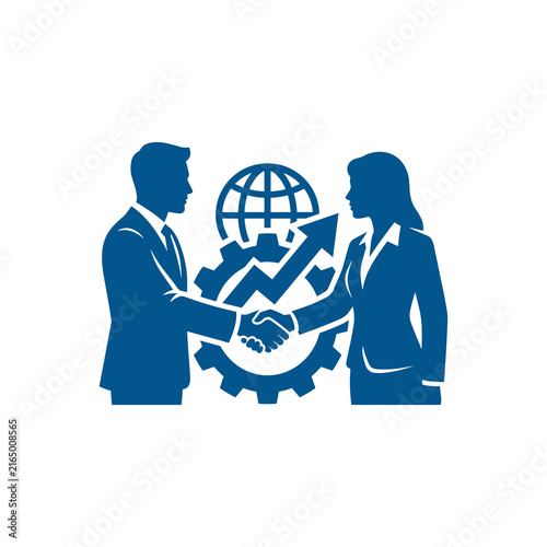 Business people shaking hands with global gear and arrow.