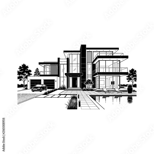 Modern Luxury House with Pool and Garage Black and White Illustration.