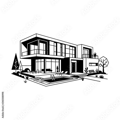 Modern Luxury House with Swimming Pool and Landscaping Illustration.