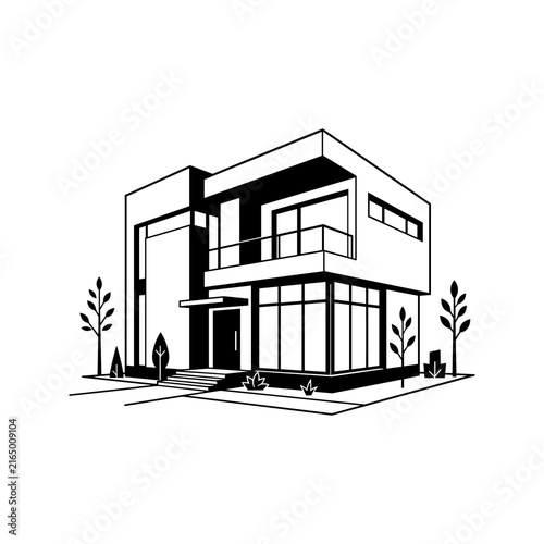 Modern Minimalist House Exterior Design Black and White Illustration.