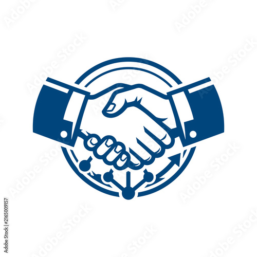 Professional handshake with network connection symbol in a circular design.