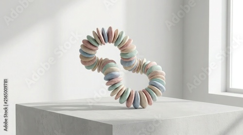 Pastel stones arranged in a curved infinity loop sculpture on a textured stone pedestal