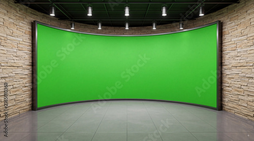 Obraz na płótnie Empty green screen cyclorama studio with curved chroma key backdrop, brick side walls, overhead lights and gray floor for virtual video production