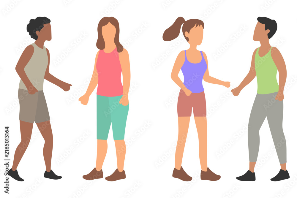 Fototapeta premium Four People Standing and Talking in Sportswear Clothes Illustration