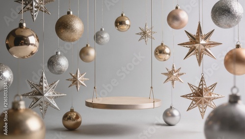 Hanging gold and silver christmas baubles and stars around a floating podium on gray background, elegant holiday mockup.