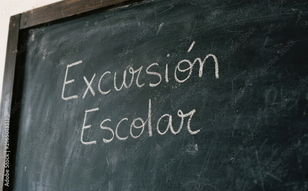 Fototapeta premium Excursion Escolar escrito con tiza en pizarra para anunciar viaje educativo y actividades