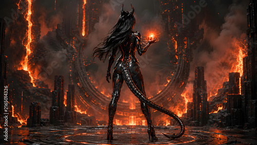 Horned cybernetic woman holding fire orb in volcanic world