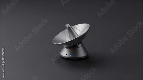 Metallic parabolic radar antenna equipment on dark background
