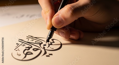 Hand drawing intricate calligraphy or Arabic script on paper with fine brush pen