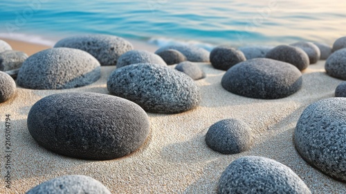 Smooth, dark gray basalt stones arranged on a sandy beach with gentle ocean waves in the background.