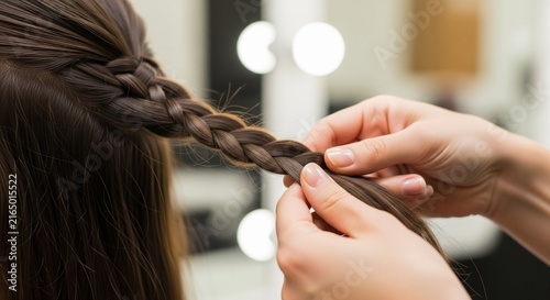 Professional hairstylist braiding hair in a modern salon setting