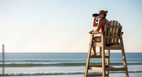 Lifeguard on duty overlooking serene ocean waves at golden hour beach scene