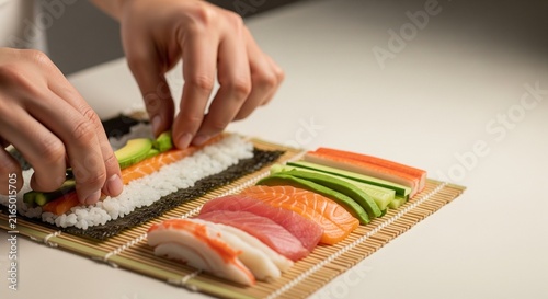 Person carefully arranging colorful sushi rolls on bamboo mat in modern kitchen setting