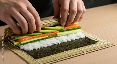 Hands carefully assembling colorful sushi rolls with fresh ingredients on bamboo mat