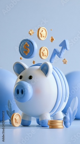 Modern 3D Clay Piggy Bank with Financial Growth Icons and Coins
