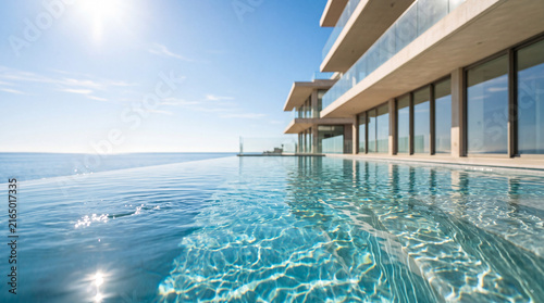 Luxury infinity pool overlooking the vast blue ocean at a modern seaside villa with contemporary architecture and bright summer sunlight under a clear sky