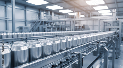 Aluminum beverage cans moving on an automated conveyor line in a modern factory, industrial manufacturing, canning, and packaging process workflow
