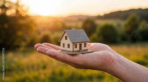 Hand holding miniature house at sunset in green countryside with warm light, home ownership, mortgage, real estate investment and sustainable living concept