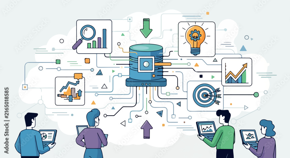 Naklejka premium Conceptual Illustration of Cloud Computing and Digital Data Management Workflow for Business Team Collaboration