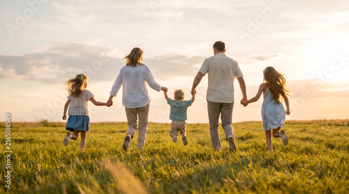 Family of five running together hand in hand through a lush green field during a warm sunset