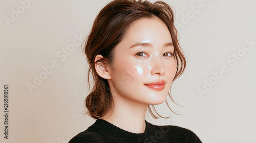 Naklejka 美容, 女性, スキンケア, 化粧品, ビューティー, 若い女性, 美肌, 日本人, アジア人, フェイシャル, メイク, 美容液, 保湿, クリーム, エイジングケア, 美容医療, エステ, 美容クリニック, 肌ケア, ナチュラルメイク, 透明感, ツヤ肌, モデル, 笑顔, ポートレート, クローズアップ, リラックス, 癒し, 健康的, 美白, コラーゲン, ヒアルロン酸, アンチエイジング