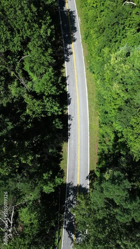 Aerial view looking down at a road winding through Oconee State Park in northwest South Carolina.