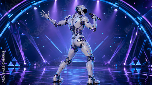 Humanoid robot singer performing with microphone on futuristic stage