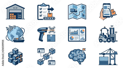 Blue industrial logistics and smart shipping icons.