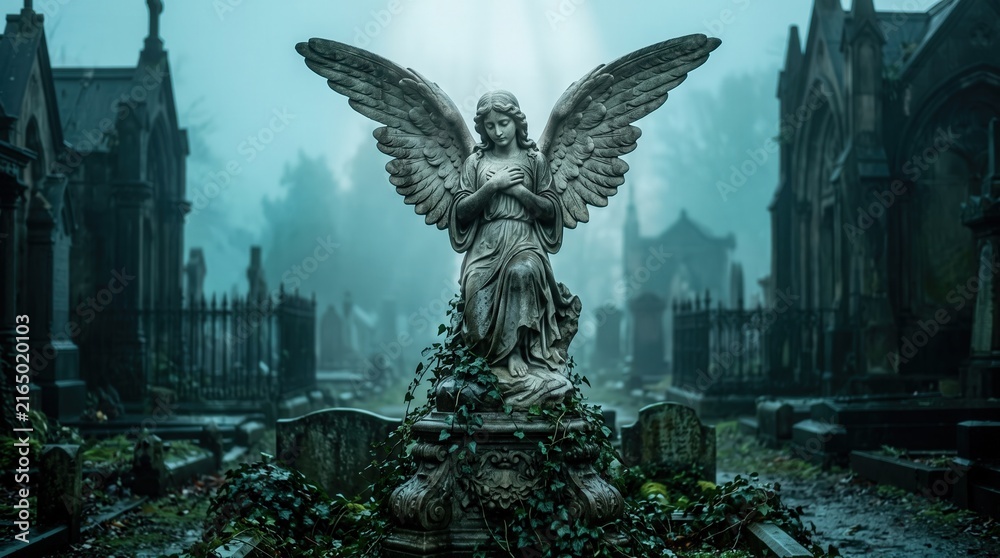 Fototapeta premium Victorian angel statue pray in mist at gothic cemetery for memorial and spiritual concept
