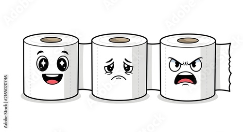 Toilet paper set displaying happy sad and angry cartoon faces