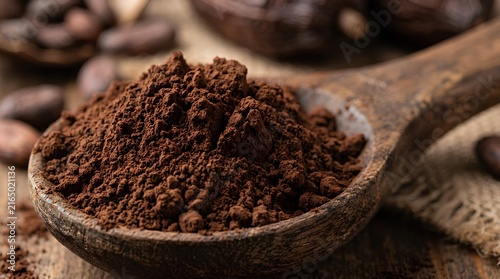 Wooden spoon filled with dark organic cocoa powder.