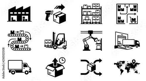 Solid black logistics and warehouse management icons.