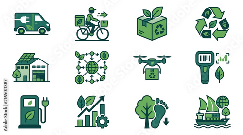 Sustainable green logistics and eco-friendly supply chain icons set.