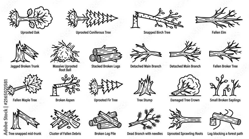 Fototapeta premium Collection of Hand Drawn Illustrations of Damaged Trees and Wood Elements.