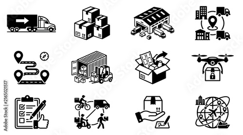 Urban delivery and e-commerce fulfillment icon set.