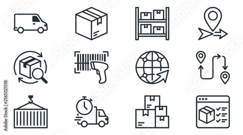 Warehouse and parcel delivery tracking outline icons.