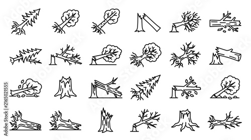 Collection of Fallen Trees and Tree Stumps Icons Representing Natural Disasters.