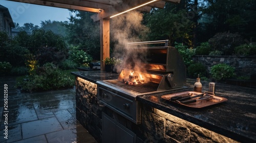 Outdoor barbecue grill station with fire and smoke on a rainy evening patio