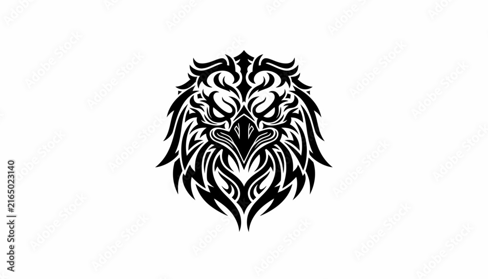 Fototapeta premium A striking black and white tribal tattoo design of a fierce eagle's head.