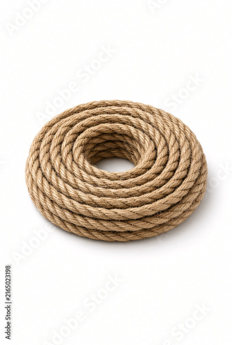 Single neatly coiled natural fiber rope isolated on pure white background, realistic twisted fibers and texture, centered composition, professional studio lighting, soft shadow, no other objects