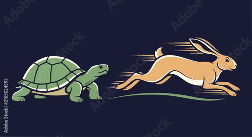 Bild auf Leinwand Hare and tortoise race illustration, fable characters, turtle and bunny racing c