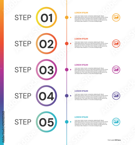 5 steps vertical timeline infographic template with circular gradient badges and process markers over light background