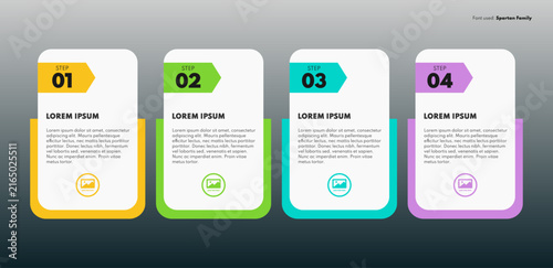 Business infographic vector illustration with four vertical columns, white option cards with arrow tags and colorful base frame over dark background