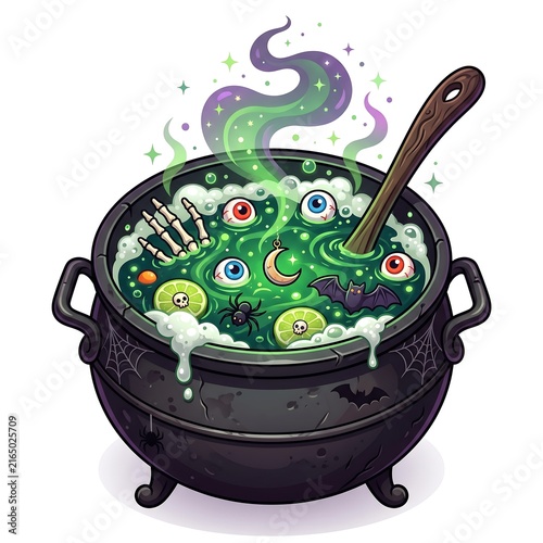 Pixel Art Halloween Witch Cauldron with Magic Potion and Spooky Ingredients