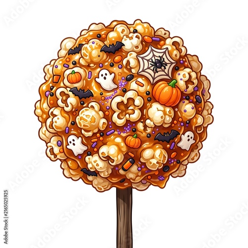 Halloween popcorn ball on a stick with spooky candy decorations and festive treats.