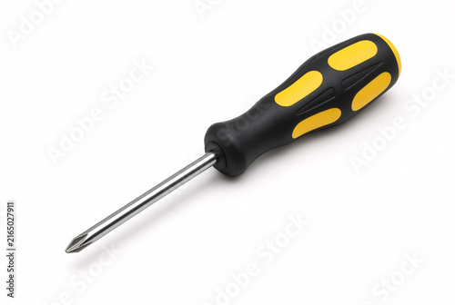 Single Phillips screwdriver with generic black and yellow handle isolated on pure white background, polished steel shaft, realistic studio product photography, diagonal position, soft shadow, no brand