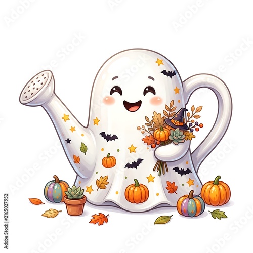Cute Ghost Watering Can Halloween Clipart Illustration