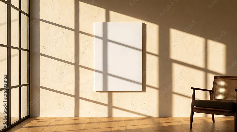 Fototapeta premium Blank white canvas frame on a beige wall with sunlight window shadows