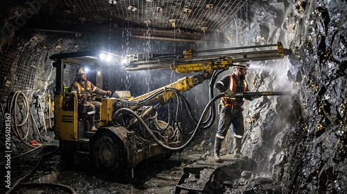 Fotografie Professional miners operating heavy hydraulic drilling machinery in a deep underground mine