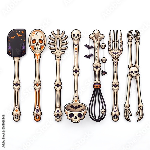 Set of spooky Halloween kitchen utensils with skull and bone designs for festive cooking